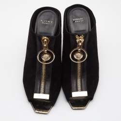 Pre Owned Versace Black Suede Medusa Zip Mule Sandals Size 38