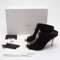 Pre Owned Versace Black Suede Medusa Zip Mule Sandals Size 38