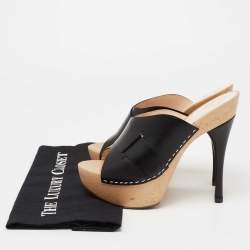 Versace Black Leather and Wooden Platform Slide Sandals Size 38.5 