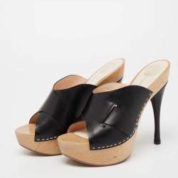 Versace Black Leather and Wooden Platform Slide Sandals Size 38.5 