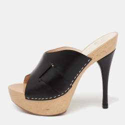 Versace Black Leather and Wooden Platform Slide Sandals Size 38.5 