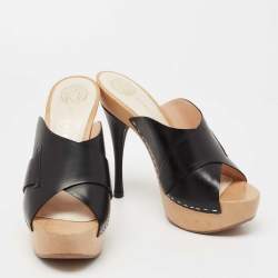 Versace Black Leather and Wooden Platform Slide Sandals Size 38.5 