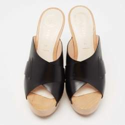 Versace Black Leather and Wooden Platform Slide Sandals Size 38.5 