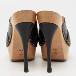 Versace Black Leather and Wooden Platform Slide Sandals Size 38.5 