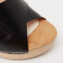 Versace Black Leather and Wooden Platform Slide Sandals Size 38.5 