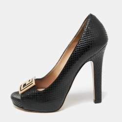 Pre Owned Versace Black Snakeskin Embossed Leather Open Toe Pumps Sze 36.5