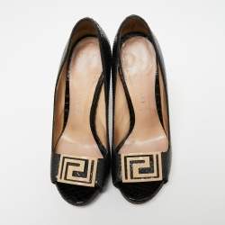 Pre Owned Versace Black Snakeskin Embossed Leather Open Toe Pumps Sze 36.5