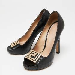 Pre Owned Versace Black Snakeskin Embossed Leather Open Toe Pumps Sze 36.5