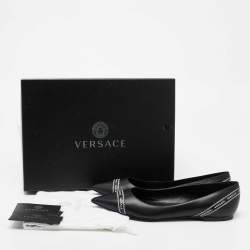 Pre Owned Versace Black Leather Logo Tape Detail Pointed Toe Ballet Flats Size 38.5