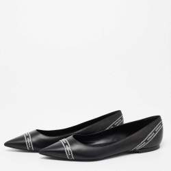 Pre Owned Versace Black Leather Logo Tape Detail Pointed Toe Ballet Flats Size 38.5