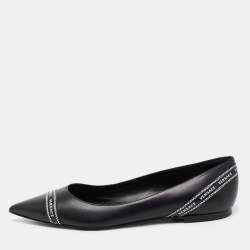 Pre Owned Versace Black Leather Logo Tape Detail Pointed Toe Ballet Flats Size 38.5