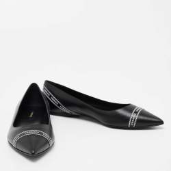 Pre Owned Versace Black Leather Logo Tape Detail Pointed Toe Ballet Flats Size 38.5