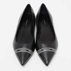 Pre Owned Versace Black Leather Logo Tape Detail Pointed Toe Ballet Flats Size 38.5