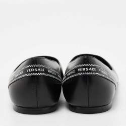 Pre Owned Versace Black Leather Logo Tape Detail Pointed Toe Ballet Flats Size 38.5