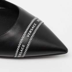 Pre Owned Versace Black Leather Logo Tape Detail Pointed Toe Ballet Flats Size 38.5