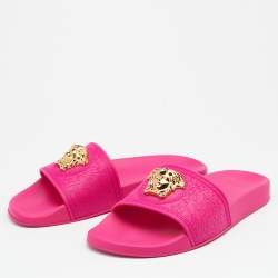 Pre Owned Versace Fuchsia Rubber Palazzo Pool Slides Size 41