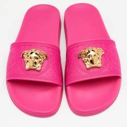 Pre Owned Versace Fuchsia Rubber Palazzo Pool Slides Size 41