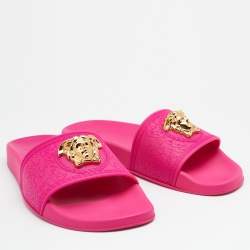 Pre Owned Versace Fuchsia Rubber Palazzo Pool Slides Size 41