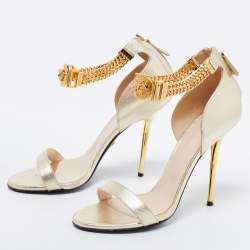 Pre Owned Versace Metallic Gold  Leather Medusa Chain Ankle Strap Sandals Size 40 