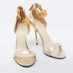 Pre Owned Versace Metallic Gold  Leather Medusa Chain Ankle Strap Sandals Size 40 