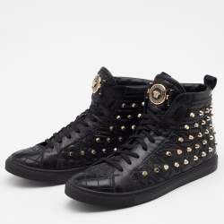 Pre Owned Versace Black Quilted Leather Medusa Studded High Top Sneakers Size 37.5