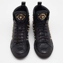 Pre Owned Versace Black Quilted Leather Medusa Studded High Top Sneakers Size 37.5