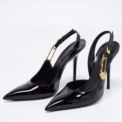 Pre Owned Versace Black Patent Leather Safety-Pin Ankle Strap Pumps Size 40