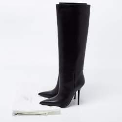 Pre Owned Versace Black Leather Knee Length Boots Size 38