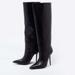 Pre Owned Versace Black Leather Knee Length Boots Size 38