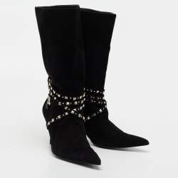 Pre Owned Versace Black Suede Studded Mid Calf Boots Size 38