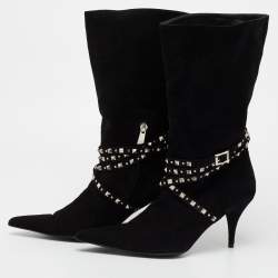 Pre Owned Versace Black Suede Studded Mid Calf Boots Size 38