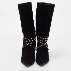Pre Owned Versace Black Suede Studded Mid Calf Boots Size 38