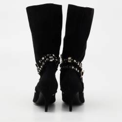 Pre Owned Versace Black Suede Studded Mid Calf Boots Size 38