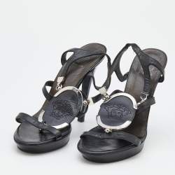 Pre Owned Versace Black Leather Medusa Strappy Platform Slingback Sandals Size 39