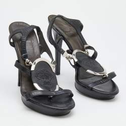 Pre Owned Versace Black Leather Medusa Strappy Platform Slingback Sandals Size 39