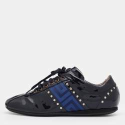 Pre Owned Versace Navy Blue Patent Leather Embellished Low Top Sneakers Size 37