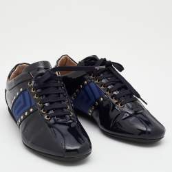 Pre Owned Versace Navy Blue Patent Leather Embellished Low Top Sneakers Size 37