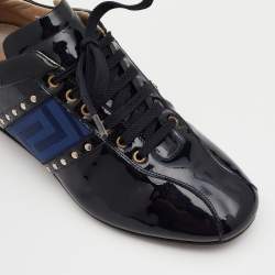 Pre Owned Versace Navy Blue Patent Leather Embellished Low Top Sneakers Size 37