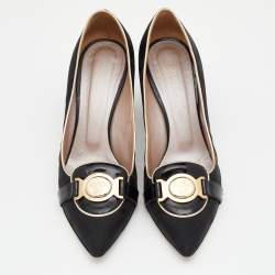 Pre Owned Versace Black Fabric And Patent Leather Medusa Pointed Toe Pumps Size 38.5