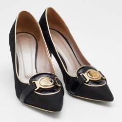 Pre Owned Versace Black Fabric And Patent Leather Medusa Pointed Toe Pumps Size 38.5