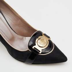 Pre Owned Versace Black Fabric And Patent Leather Medusa Pointed Toe Pumps Size 38.5