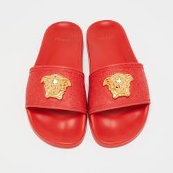 Versace Red Rubber La Medusa Flat Slides Size 39