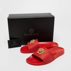 Versace Red Rubber La Medusa Flat Slides Size 39