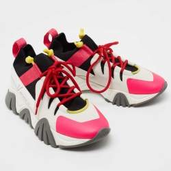 Pre Owned Versace Multicolor Nubuck Leather And Knit Fabric Squalo Low Top Sneakers Size 39.5