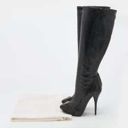 Pre Owned Versace Black Leather Thigh High Platform Boots Size 38.5