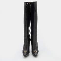 Pre Owned Versace Black Leather Thigh High Platform Boots Size 38.5