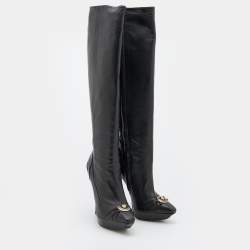 Pre Owned Versace Black Leather Thigh High Platform Boots Size 38.5