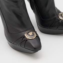Pre Owned Versace Black Leather Thigh High Platform Boots Size 38.5