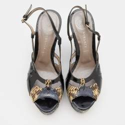 Versace Multicolor Patent and Snakeskin Leather Platform Wedge Sandals Size 38