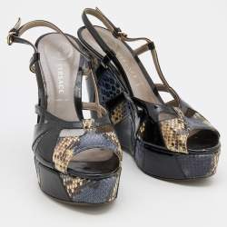 Versace Multicolor Patent and Snakeskin Leather Platform Wedge Sandals Size 38